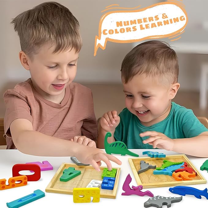 Vileafy 2-in-1 Montessori Toys for Toddlers – Wooden Dinosaur Puzzle and Number Building Blocks for Boys and Girls, Early Educational Pegged Puzzles for Prescgool Toys