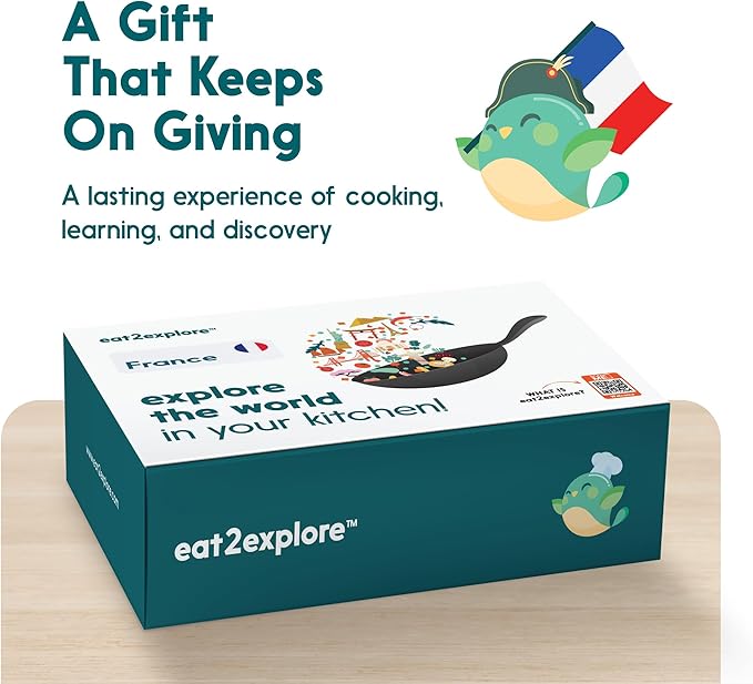eat2explore Cooking Kits for Kids - Interactive & Educational Set with 3 Recipe Cards, Key Ingredients & Cooking Tools - Ideal Idea for Kids who Love to Create Meals (France Edition)