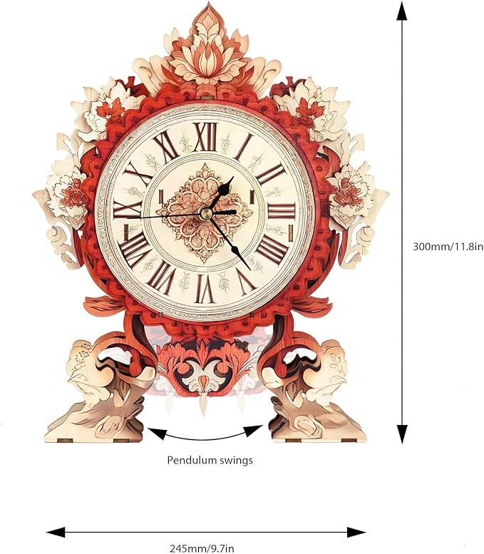 3D Puzzles for Adults Clock-Flame Flower Design Model Kit-Mechanical DIY Pendulum Clock with Roman Numerals-Desk Home Office Decor Personalized Gift for DIY Lovers