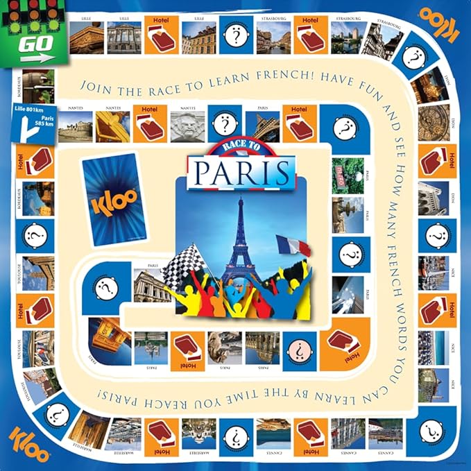 KLOO Learn French Board & Card Game Race to Paris | Fun for Family Kids Adults School | Play & Talk French Language | 4 Decks, Speak 100's of Words & Vocabulary in a Flash | Boardgame, 1–4 Players