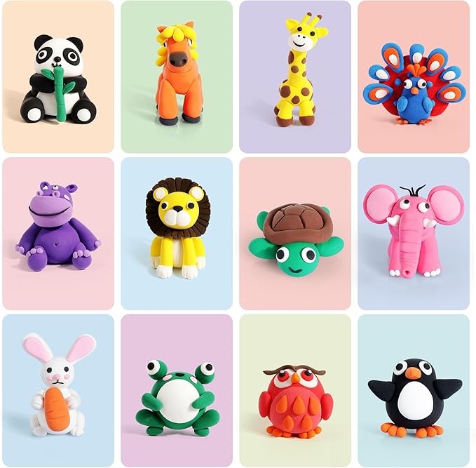Air Dry Clay Kit for Kids, 12 Animals Modeling Clay with Tutorial Cards & Video, 8 Sculpting Tools, Ultra Light, Safe & Non-Toxic, DIY Art and Crafts Gifts for Boys Girls