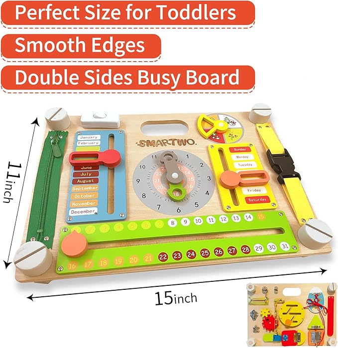 Double-Sided Montessori Busy Board for Toddlers 3-5, Train Babies Fine Motor Skills, Toddler Boy Toy of Sensory Activity Board, Wooden BusyBoard for 3+ Year Old Kids Birthday Gift