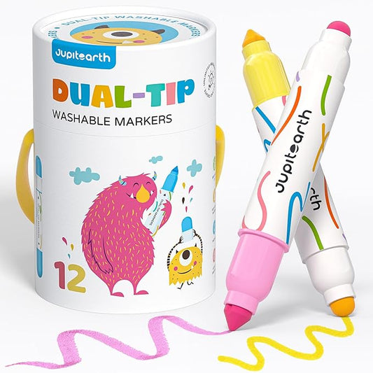 Washable Dual Tip Markers for Kids, Broad & Round Tip, Easy-Grip Design for Little Hands, 12 Vibrant Colors Toddler Markers with Portable Case, Preschool Art Supplies for Kids Toddlers