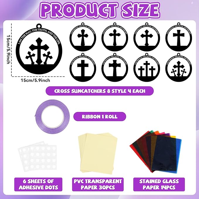 32 Sets Cross Suncatchers Craft Kit DIY Religious Window Stained Glass Effect Christian Paper Craft Home School Classroom Decoration Kid Sunday School Birthday Gift Creative Art Project Activity Game