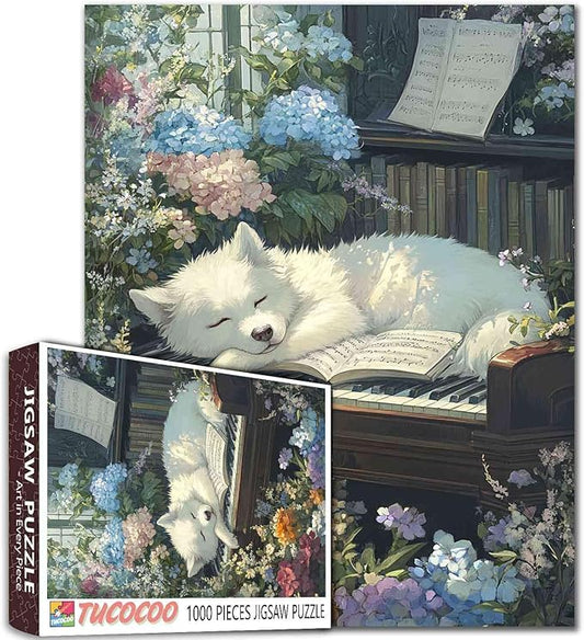 Puppy Garden Instrumental Piano Jigsaw Puzzle 1000 Pieces for Adults, Flora Flower Animal Dog Art Puzzles Colorful DIY Crafts Puzzles for Home Decor Gifts, Family Challenging Perfect for Game Nights