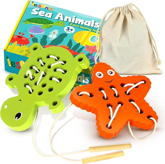 KLT Wooden Lacing Toys for Toddlers Fine Motor Learning, 1 Turtle 1 Starfish Wood Puzzle Preschool Educational Toys, Montessori Gifts for Kids 3-5