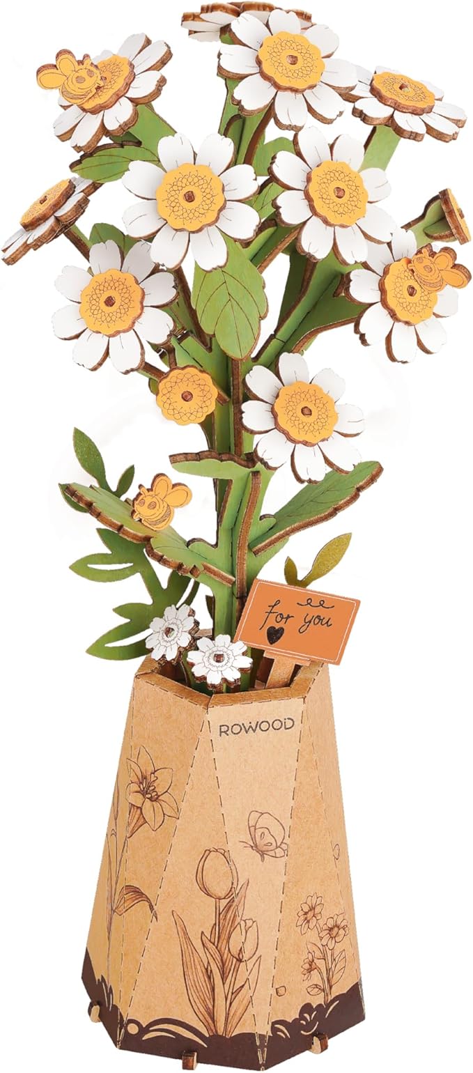 rowood 3D Puzzle Wooden Flower,DIY Flower Building Block Set Craft Kit for Kids,Mother's Day/Valentine's Day/Teacher's Day/Thanksgiving/Christmas/Birthday Gift for Mom/Grandma-Chamomile