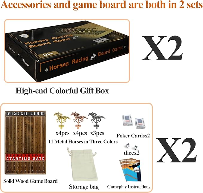 HOROW 2 Pack Metal Horse Racing Board Game Card Board Game Finish Line Luxury Edition Solid Wood Race 11 Batches of Metal Model Horses 2 Sets of Dice and 2 Boxes of Cards (Flame)…