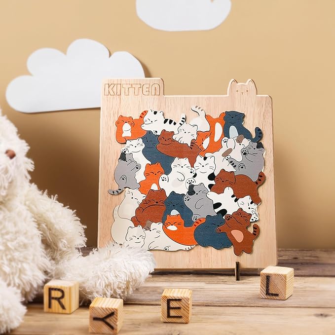 Wooden Cat Puzzle Game, Wooden Jigsaw Puzzles for Adults Kids, Unique Shape Puzzles, Cat Gifts for Women Girls and cat Lovers