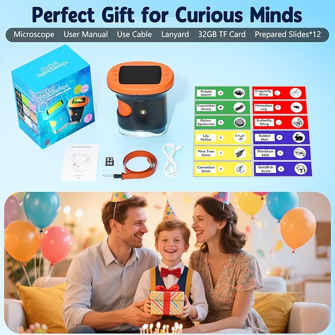 1000X Handheld Microscope for Kids, 4K 2.4" Screen Digital Kids Microscopes with 12 Slides, Portable Edu Toys Gifts for Age 3 4 5 6 7 8 9 10 11 12 Year Old Boys Girls Children Students(Orange)