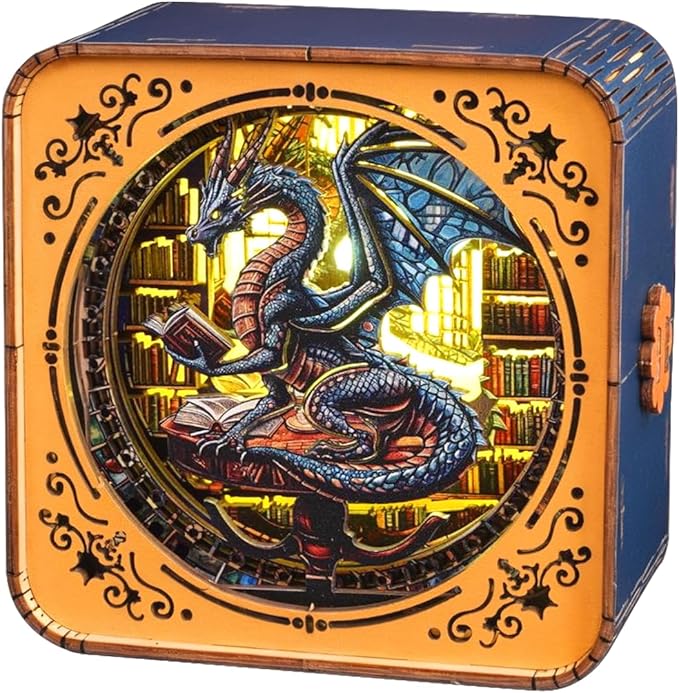 3D Wooden Puzzle Night Light, Library Dragon DIY Puzzles for Adults, Eye Care Night Light with Touchable Switch, Personalized Gifts for Family Friend DIY Puzzle Lover