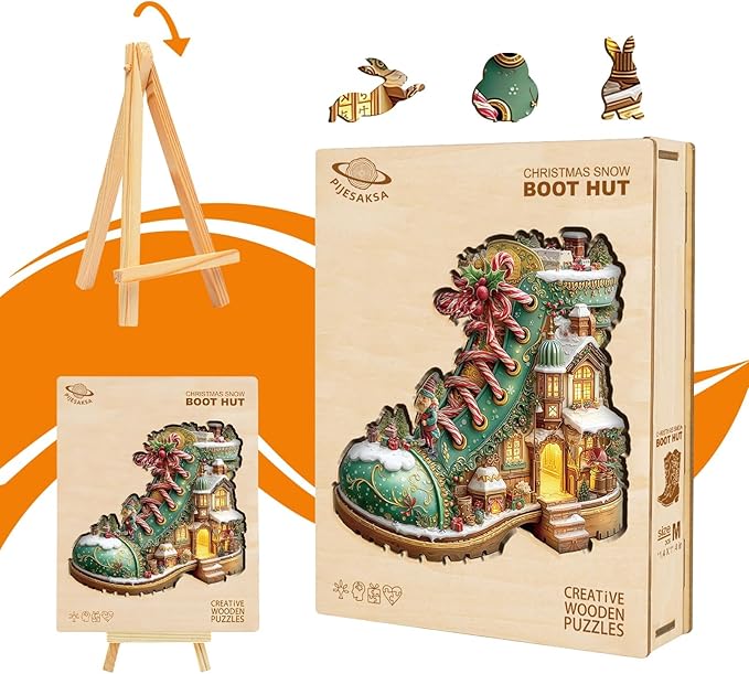 Wooden Puzzles for Adults, Christmas Snow Boot Hut Wooden Jigsaw Puzzle for Adults, Unique Shape Wood Puzzles Adult, Presents for Women and Men, Wall Art Home Decor(L-13.4 * 13.4in- 240 Pieces)