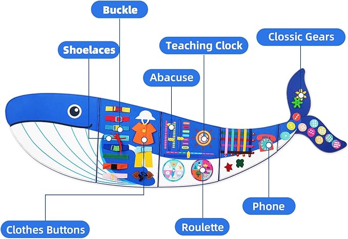 Whale Montessori Busy Board Toddler Busy Board, Foldable Montessoris Toys for 3+ Years Old, Activities Sensory Toys for Toddler Wall Panel﻿