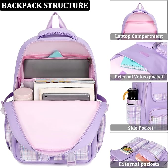 JIANYA Girls Backpack for School Kids Backpack with Lunch Box Elementary School Backpack for Girls, Bow/Purple