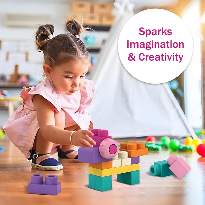 Soft Building Blocks for Toddlers, Stacking Blocks for Babies 6 Months and Up STEM Toddler Gifts, Large Construction Block Set Rubber Blocks Bag with 42 Pieces and Storage,Gift for Easter