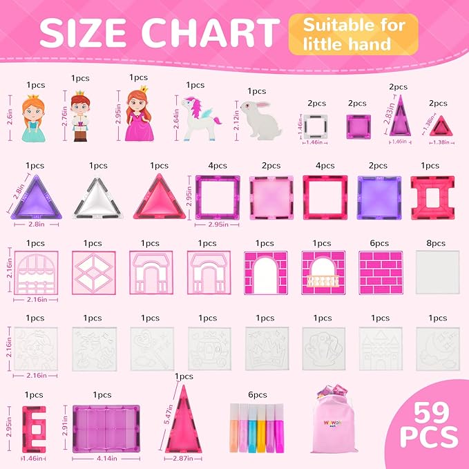 Diamond Magnetic Tiles Building Blocks – Princess Castle Pretend Play Toys with DIY Painting Set and Stickers for Kids 4 5 6 7 8 Year Old STEM Educational Birthday for Girls Boy