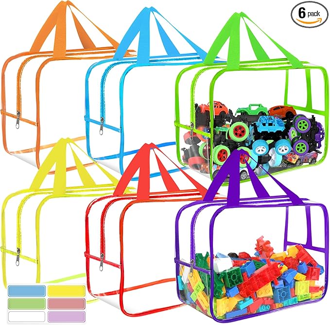 6 Colors Widen X-Large Storage Bags 12.6×9.25×6.9In with Labels, Reusable Clear PVC Board Game Storage, Travel Waterproof Organizer Bags with Zipper for Building Blocks, Puzzle, Stuffed Animals