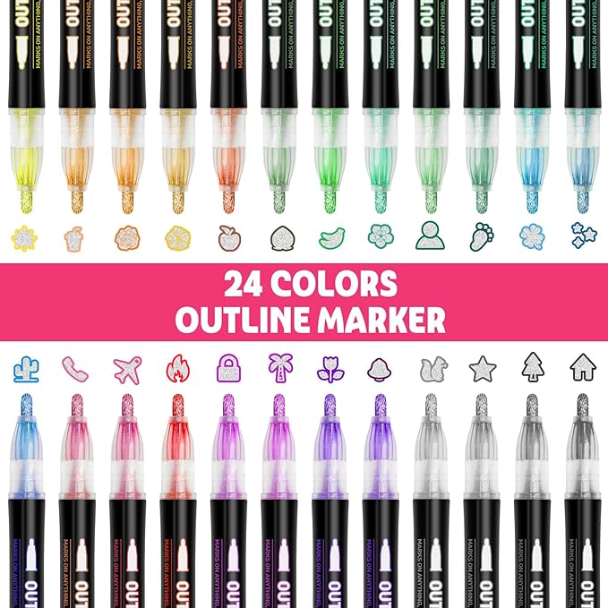 Teen Girl Gifts Trendy Stuff, 24 Shimmer Markers Outline Glitter Pens, Arts Crafts Kids Ages 8-12, Art Supplies for Kids 9-12, 8 Year Old Girl Birthday Gifts for 10 Year Old Girls