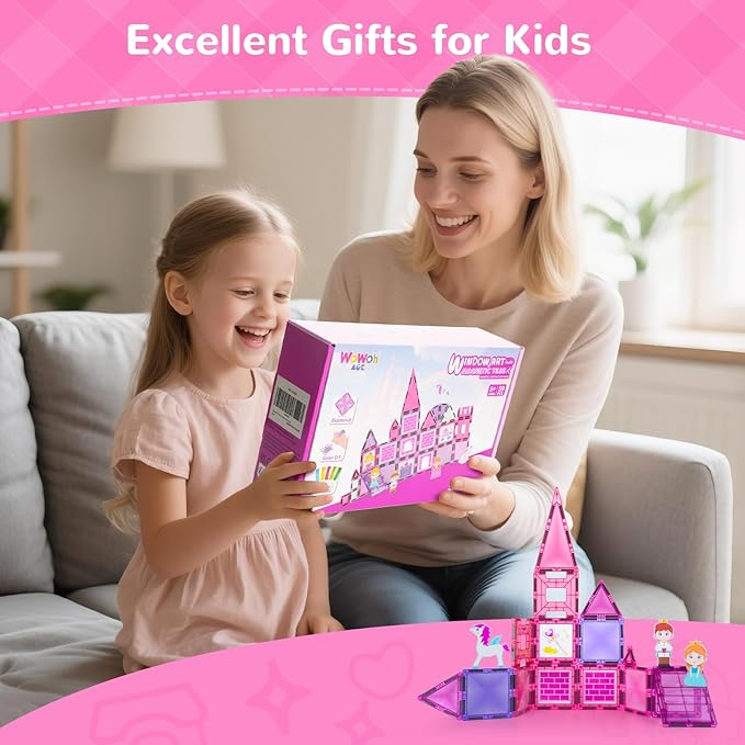 Diamond Magnetic Tiles Building Blocks – Princess Castle Pretend Play Toys with DIY Painting Set and Stickers for Kids 4 5 6 7 8 Year Old STEM Educational Birthday for Girls Boy