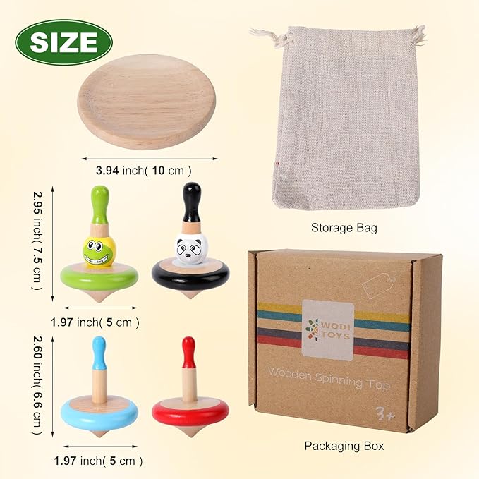 WODI 4PCS Wooden Spinning Tops - Adorable Animal Gyroscope Toys for Toddlers, Safe & Fun Montessori Educational Gift, Fidget Spinner for Kids/Toddlers (#1)