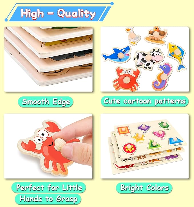 Wooden Peg Puzzles for Toddlers,Montessori Toddler Puzzles for Child,Fine Motor Skill Learning Puzzles Toys for Baby Boys Girls Gifts-6 Pcs Shape,Farm,Sea Animal,Dinosaurs,Fruits,Animals