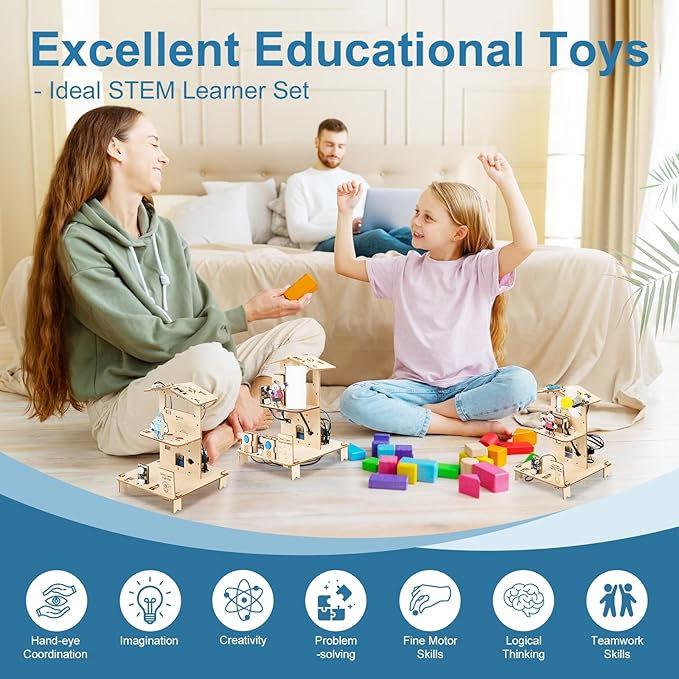 ESP32 STEM Science Kits for Kids Ages 8-10-12, 3 in 1 Smart Home Education Kit, Wooden 3D Puzzles Toys Children's DIY Building Crafts Model Set, Christmas Birthday Gift for Girls Boys