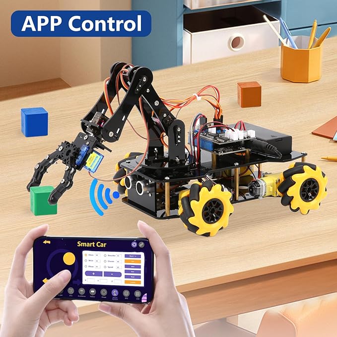 ACEBOTT 5DOF Smart Robot Arm Car Kit, 4WD Remote Control Car Compatible with Arduino/Python/Blockly Programming Project/STEM Education/Science Coding Kit for 12+ Teens and Adults Unique Gifts