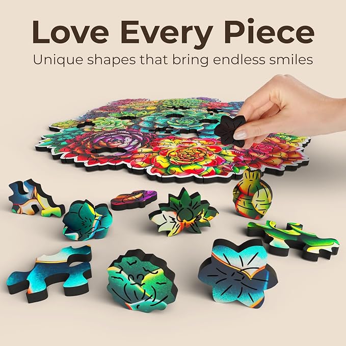 Crafthub Flowers Wooden Puzzles for Adults – A3 Mandala Succulent Plants with 152 Pieces Wood Puzzles – Jigsaw Puzzles with Unique Animal Shapes – 10.8" x 10.3"