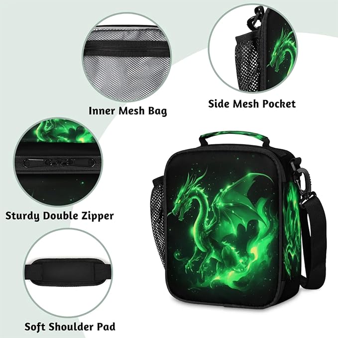 Green Dragon Lunchbox Boys Insulated Lunch Bag Reusable Portable Lunch box with Adjustable Shoulder Strap and Water Bottle Holder for Work School Travel