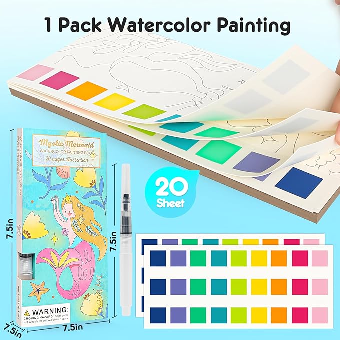 ROOCHKD Watercolor Painting Coloring Books Pocket Watercolor Paint Bookmarks, Mess Free Paint with Water Set, Travel Class Activities Art Party Favors Exchange Birthday Gifts for Kids (Mystic meraid)
