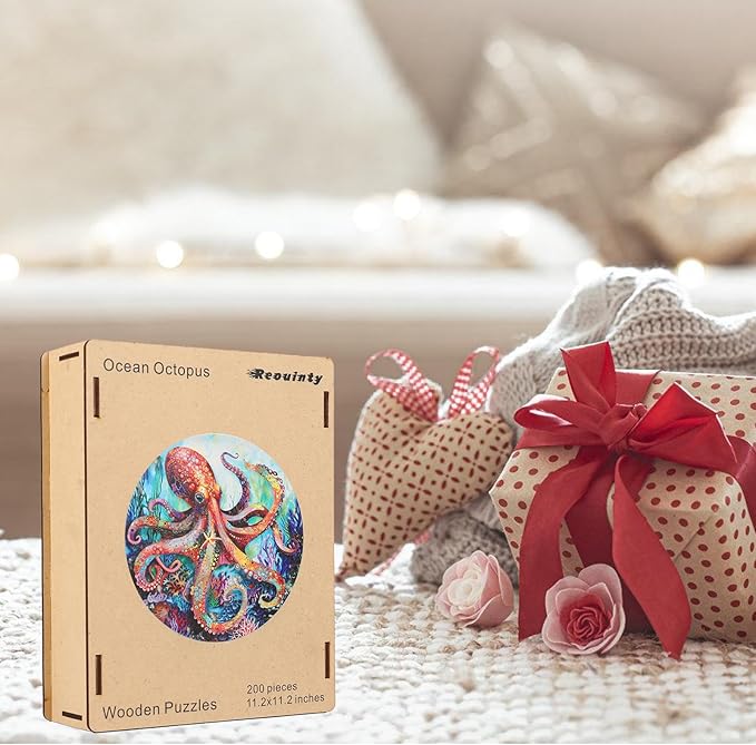 Wooden Puzzle for Adults 200pcs, Octopus Wooden Jigsaw Puzzles, Unique Shape Animal Adult Puzzles, Irregular Wood Puzzles Best Gift for Adults and Kids Family Game(11.2 * 11.2 in)