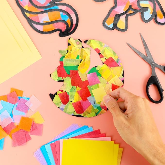 Qyeahkj 36 Set Unicorn Suncatchers Crafts for Kids DIY Unicorn Tissue Paper Crafts Window Stained Glass Effect Rainbow Hanging Decor School Home Creative Activity Art Project Birthday Party Favor Gift