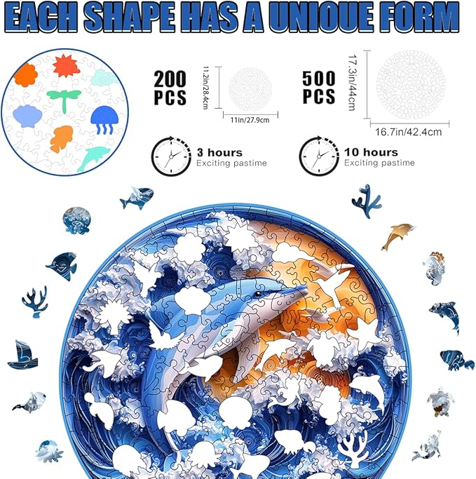 Wooden Jigsaw Puzzle, 200-500 Pieces Unique Shape Animal Puzzle, for Adults & Kids, Birthday Gift Family Game, Decorative Puzzle, Unique Gift (Dolphin Rhapsody, 200 PCS)