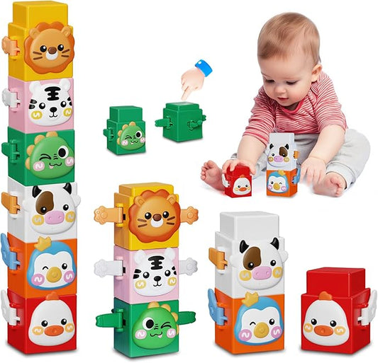6 PCS Stacking Toys Set for Toddlers 18+ Months 1 2 3 4 Years Old Boys Girls Preschool Sensory Block Toys Pressable Animals Stacking Blocks with Cute Expressions Fun Christmas Birthday Gifts for Kids