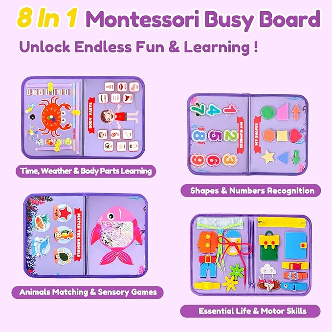 Qizfun Montessori Busy Board Book for Toddlers, Mermaid Sensory Learning Toy for Girls, Educational Fine Motor Skills Toy, Travel Busy Board for Car & Airplane