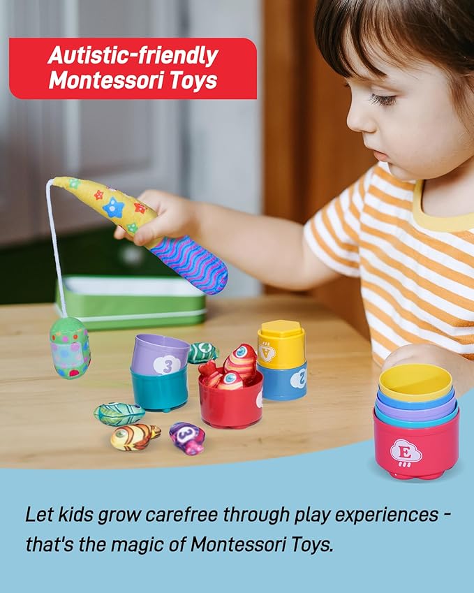 Infinno Count Learning Montessori Toys - for Babies & Toddlers 1-3 Year Old with 15 Numbered Fish & 5 Cups & 2 Fishing Rods- Sorting,Stacking,Counting