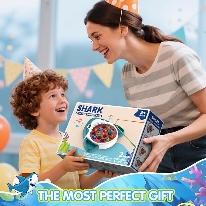 Musical Shark Fishing Game for Kids, 360° Rotating Board, 20 Fish with 3 Rods,Hook Fishing Set for Toddlers，Educational, Fine Motor Skill Activity for Boys and Girls
