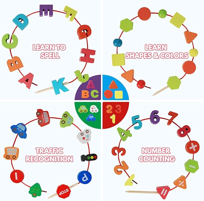 BMTOYS Wooden Lacing Toy Alphabet Number Threading Beads for Boys Girls Age 3 4 5 6 Montessori Educational Learning Birthday Gift