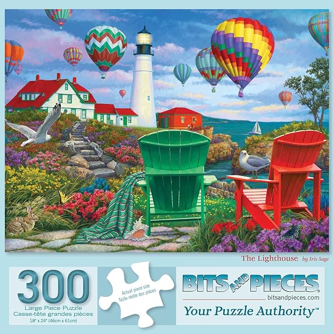 Bits and Pieces – Large 300 Piece Jigsaw Puzzle for Adults – The Lighthouse - Colorful Hot Air Balloons Jigsaw Puzzle by Iris Sage, Completed Puzzle Size: 18" x 24"
