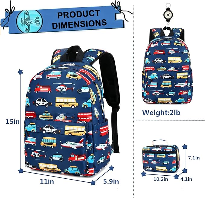 Kids School Backpack with Lunch Box for Boy Kindergarten BookBag School Bag Preschool Kindergarten Toddler Backpack (Car Airplane Pattern-Navy)