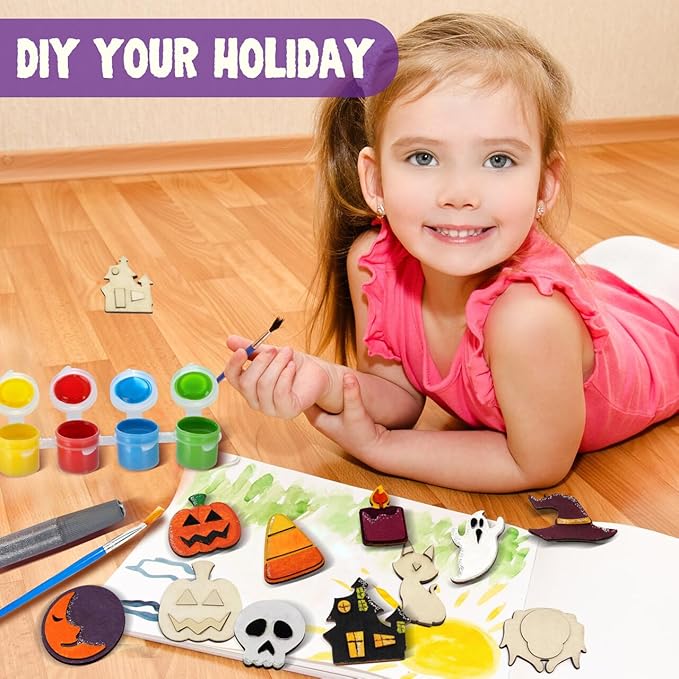 JOYIN 12 Pcs Halloween Wood Craft Kit, Wooden Magnet Creativity Arts Painting Kit, DIY Halloween Painting Craft for Kids Party Supplies, Toddler Party Favors Family School Activities