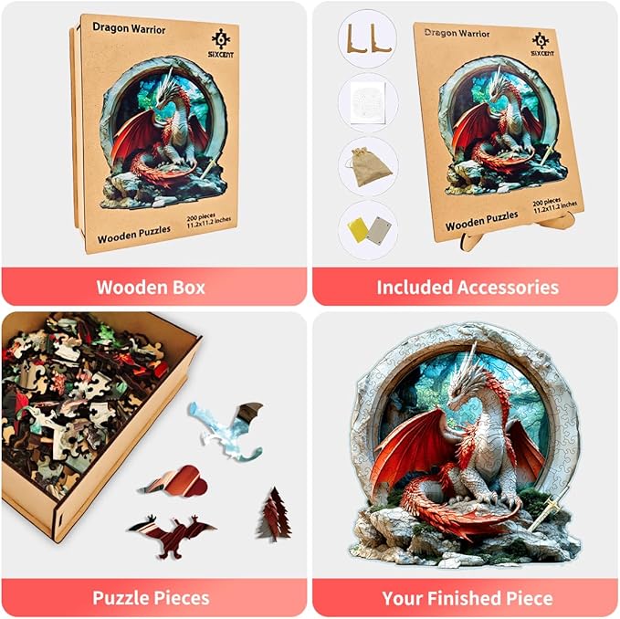 Wooden Jigsaw Puzzle, 200-500 Pieces Unique Shape Animal Puzzle, for Adults & Kids, Birthday Gift Family Game, Decorative Puzzle, Unique Gift (Dragon Warrior, 200 PCS)