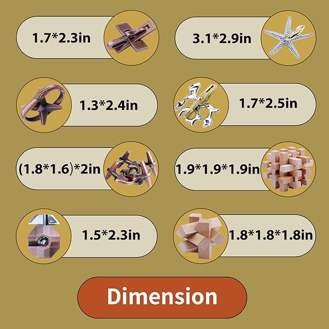 8 Pieces Wooden and Metal Brain Teaser Puzzles 3D Education Toys for Adults and Kids IQ Logic Training Family Game Party Favor Coffee Table Time Unlock Interlock Mind Puzzles Box