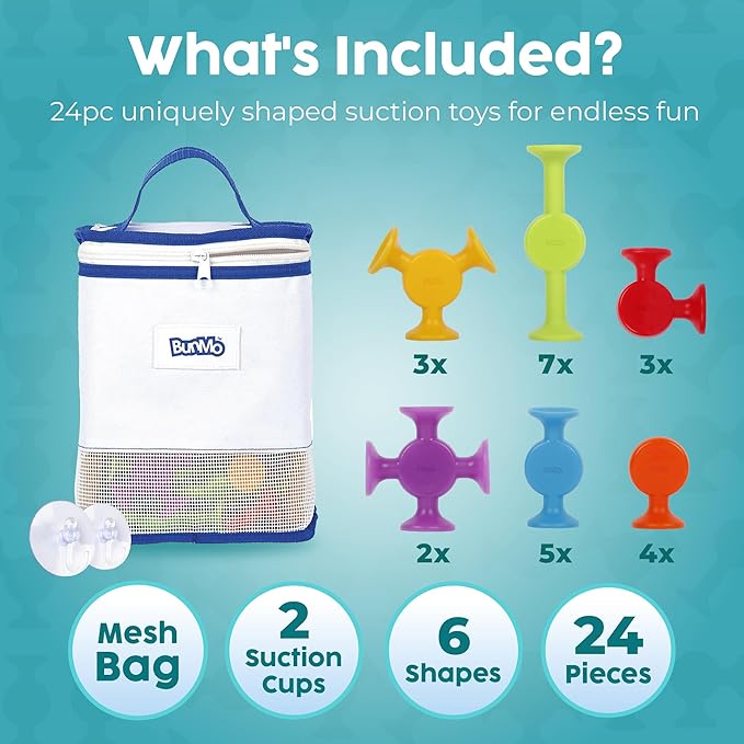 BUNMO Bath Toys Suction - Connect, Build, Create - Bath Toys - Hours of Fun & Creativity - Fine Motor Skills - Stimulating Sensory Toys - Non-Mouthable Toy 3+ - Smooth 24 Pack