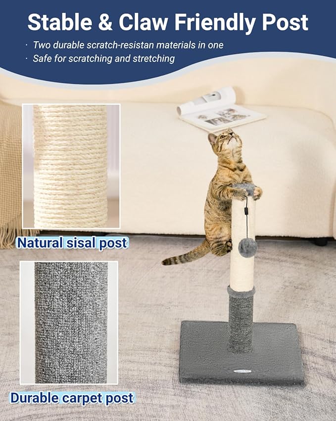 Happi N Pets Cat Scratching Post, Cat Scratcher for Indoor Cats, Sisal Scratching Post & Carpet Post in One, Stable Kitten Scratching Post with Replaceable Toy, Extra Free Toy, Light Gray