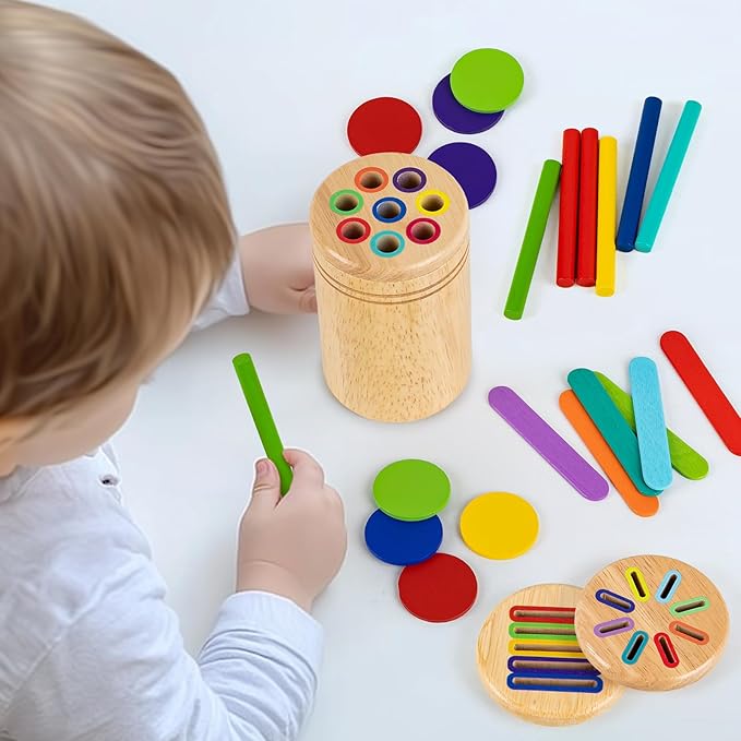 Montessori Toys for 3 4 5 Year Old, 3 in 1 Wooden Color Sorting Toys, Preschool Learning Activities Fine Motor Skills Sensory Toys for Toddlers