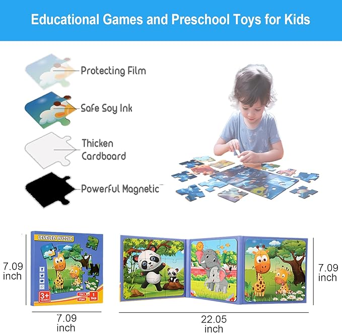 3 Pack Magnetic Puzzle Beginner, Childrens Puzzles Age 3-5, Puzzles for Kids Ages 2-4 4-8,Toddler Travel Toys, Preschool Learning Toys (3 Pack, Animals + Vehicles + Ocean)