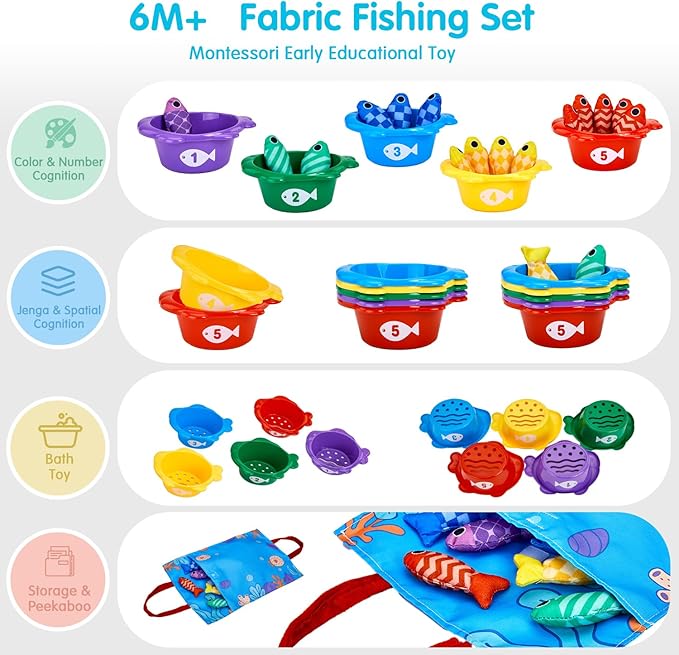 Toddler Toys Montessori Toys for 1 Year Old Boy Girl Birthday Gift- Cloth Fishing Game for Toddler 1-3 with Stacking Cups- Number Counting, Color Sorting, Shape Learning