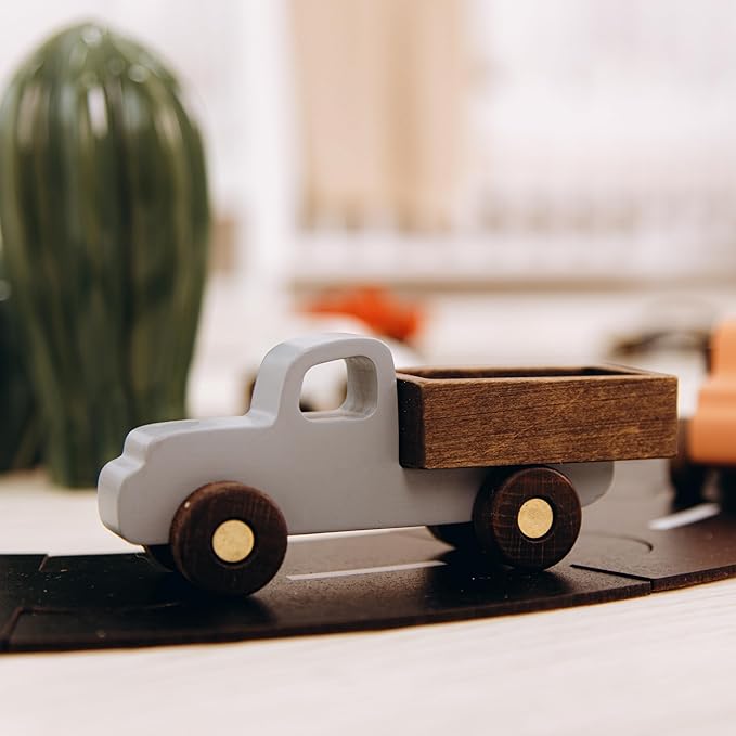 BUSY PUZZLE Colorful Wooden Toy Cars Set 2-Pack Truck and Car Durable Wooden Vehicles for Kids Montessori-Inspired Gift for Toddlers