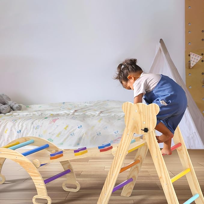 Large Pikler Triangle Set, 5 in 1 Foldable Baby Climbing Gym Indoor Montessori Climbing Set Wooden Toddler Climbing Toys with Arch, Ramp, Ladder, Rainbow